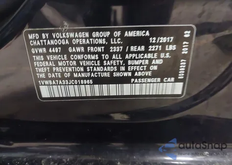 2018 Volkswagen Passat 2.0T Se z USA, uszkodzony, nr VIN 1VWBA7A33JC018965